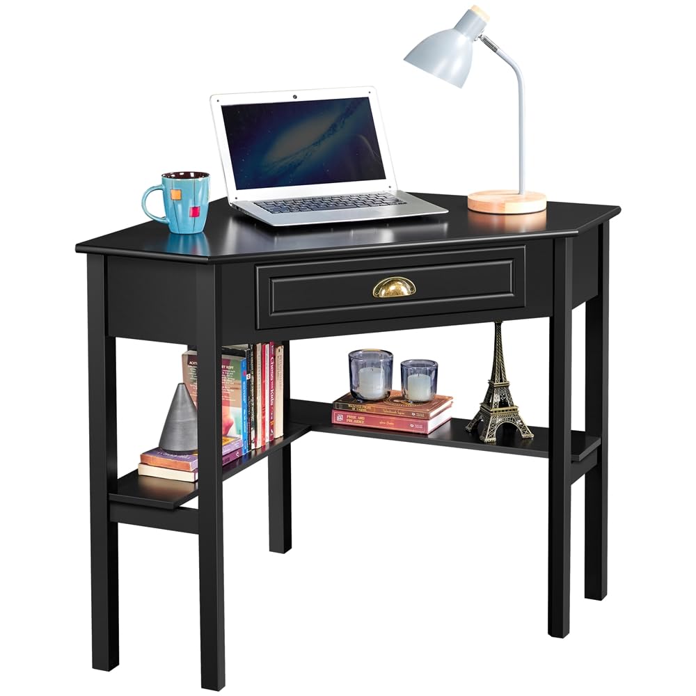 Yaheetech Bureau d'angle Poste de Travail Informatique Bureau en Bois avec Tiroir et Étagère de Rangement Design Classique et Élégant 106 × 71,5 × 76,5 cm Blanc