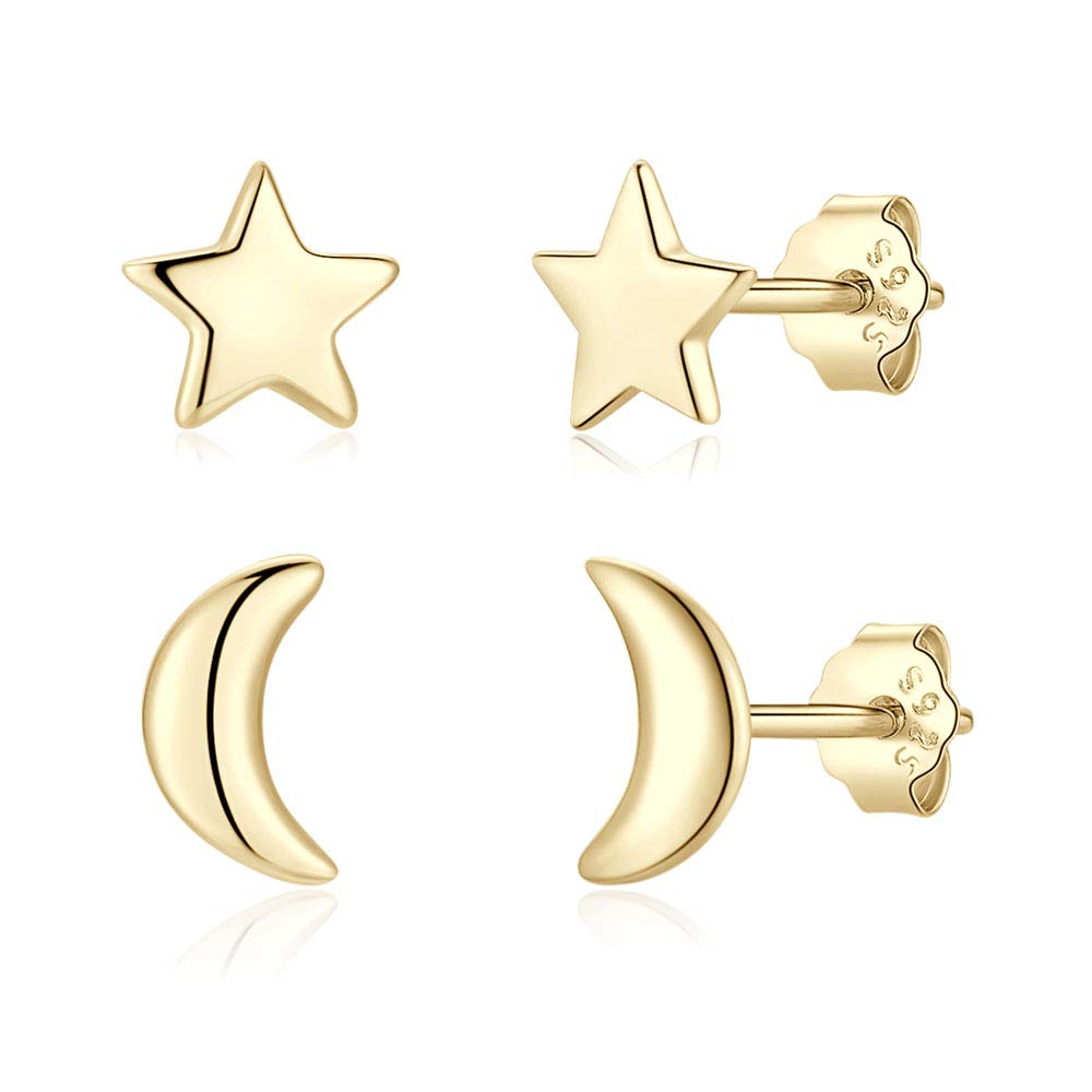 Solid 925 Sterling Silver Stud Earrings, Hypoallergenic Cute Moon Star Earrings Small Dainty Earrings for Women Teen Girls