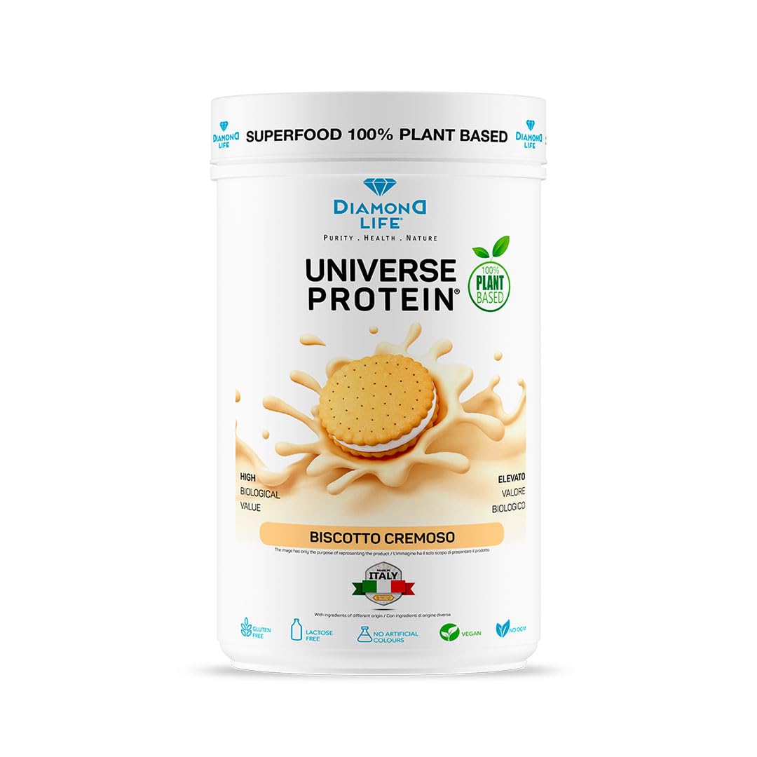 DIAMOND UNIVERSE PROTEIN - Proteine in Polvere Vegane (Pisello, Riso e Quinoa) 70% di Proteine ad Alto Assorbimento per Sforzo Fisico, Resistenza e Mass Gainer | Gluten Free (Biscotto Cremoso)