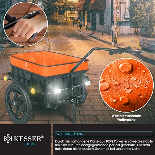 KESSER® Fahrradanhänger, Lastenanhänger, Handwagen mit Kupplung, Hochdeichsel, für Fahrrad Transportanhänger Transportbox mit 70 Liter Volumen, Max. 60kg, + Zubehör für Fahrräder mit 26-28, Orange