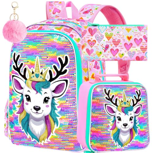 Image of CCJPX 16 inch Sika deer Backpack for Girls, 3Pcs Kids Sequin Bookbag with Lunch Box, Water Resistant Elementary School Bag for Kindergarten Preschool Toddler (Pink)