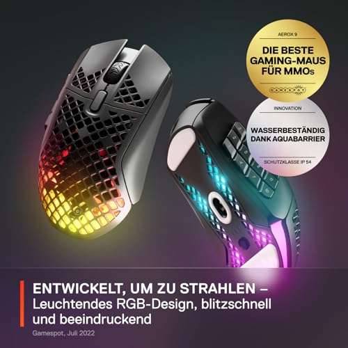 SteelSeries Aerox 9 Wireless - RGB Gaming-Mouse mit Öffnungen in der Oberfläche - Federleichtes, wasserabweisendes Design - 18 Tasten - Bluetooth/2,4 GHz – Optischer TrueMove Air-Sensor mit 18.000 DPI – Bild 3