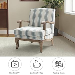 HULALA HOME Mid-Century Modern Chair Set of 2, Upholstered Accent Chair with Graceful Curves and Wooden Legs, Comfy Lounge Armchair Striped Accent Chairs for Living Room, Bedroom (Blue) HULALA HOME Mid Century Modern Chair Set of 2 Upholstered Accent Chair with Graceful Curves and Wooden Legs Comfy Lounge Armchair Striped Accent Chairs for Living Room Bedroom Blue