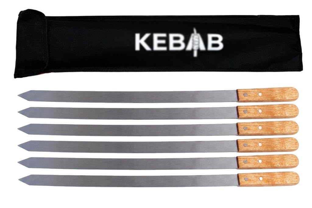 ADANA Spiedini per kebab, lunghezza 60 cm x larghezza 2,5 cm (25 mm), extra forti 2 mm, 6 pezzi, in acciaio inox, con manico in legno
