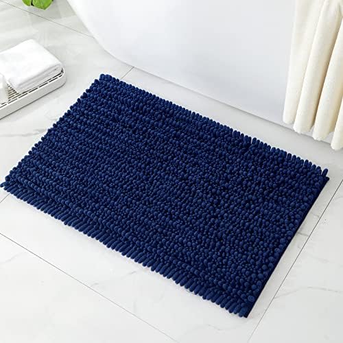 HOMEIDEAS Bathroom Rug 20x32 inch, Striped Chenille Super Soft and Absorbent Bath Mat with Non Slip Pad, Navy Blue