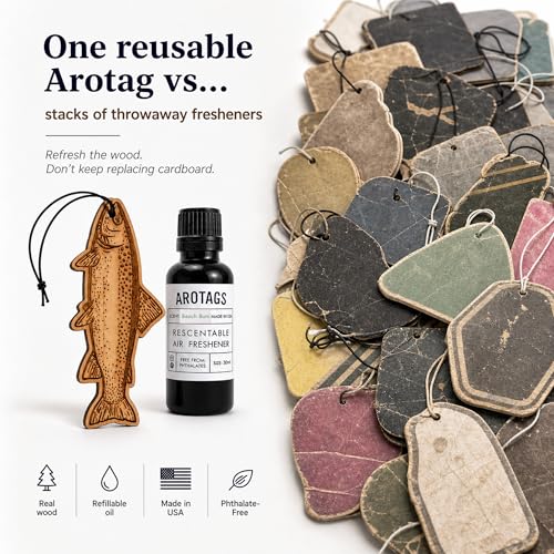 Image of Arotags Trout Car Air Freshener Kit, Reusable Wood Hanging Diffuser with 30 mL Beach Bum Fragrance Oil, Fishing Car & Truck Accessory