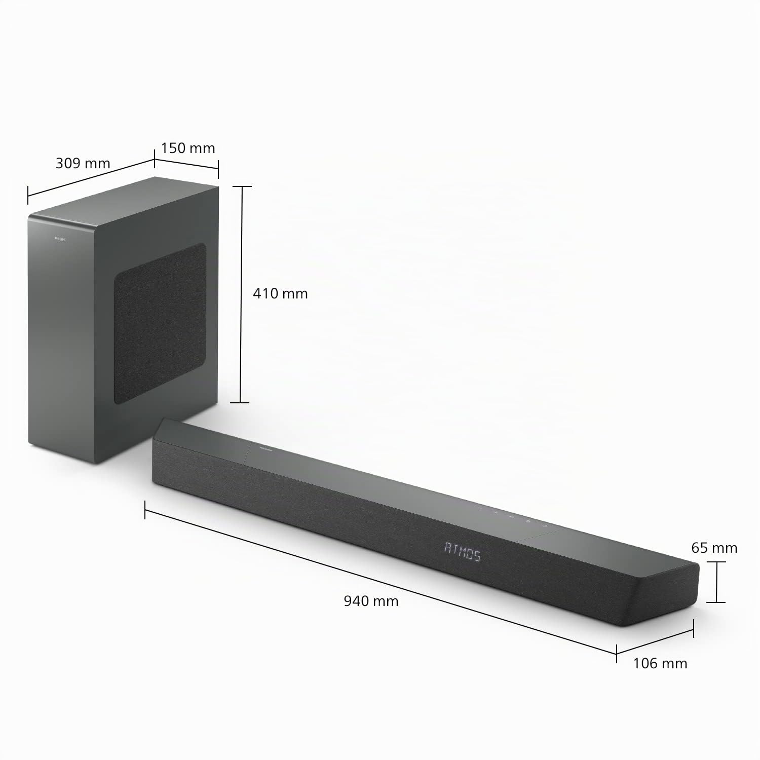 Philips TAB8507/10 Soundbar 3.1 Subwoofer Inalámbrico, Dolby Atmos, Sonido Cinematográfico, HDMI eARC, 600W