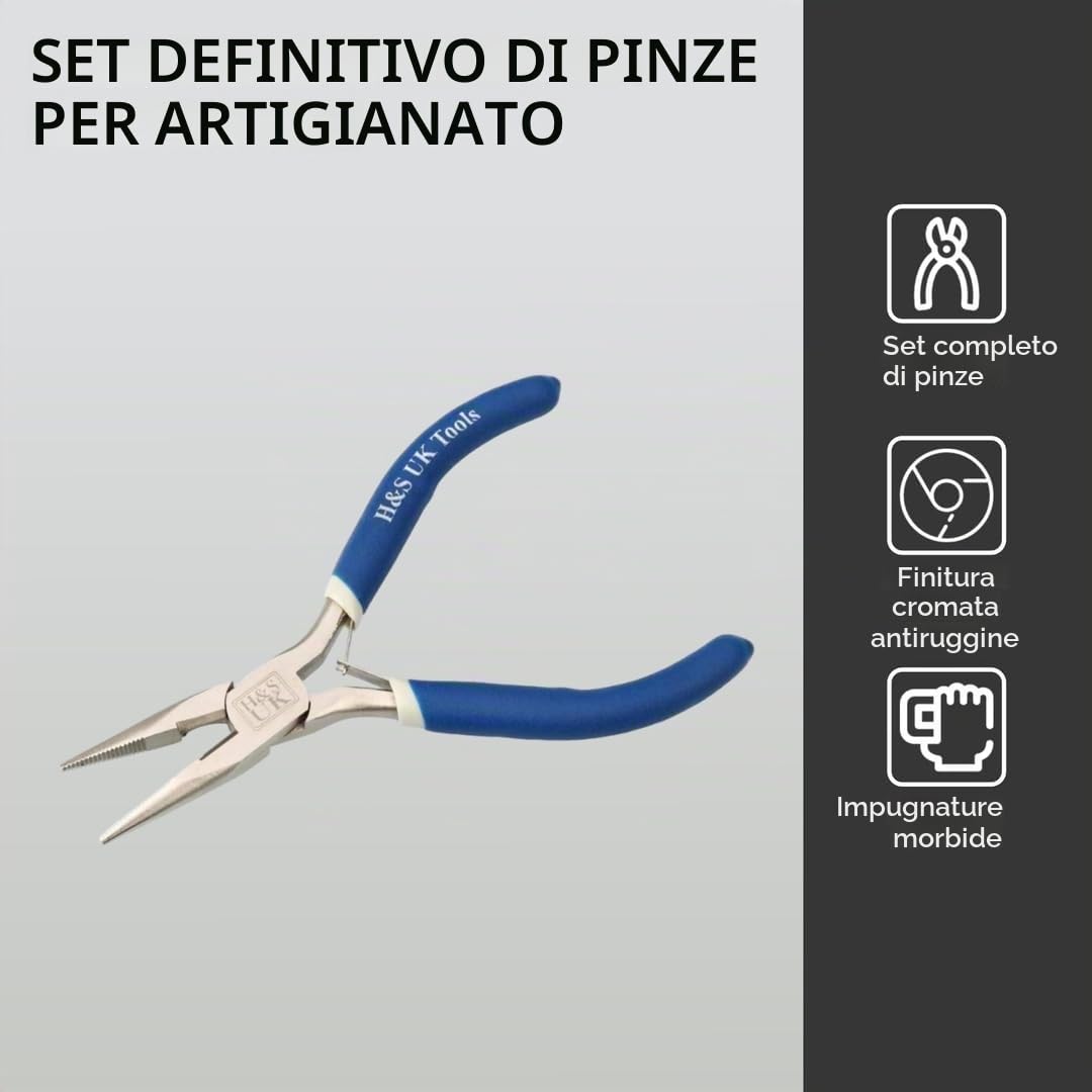 H&S Set Pinze per Bigiotteria Cromate per la Creazione di Gioielli - Set da 3 con Pinze Lunghe, ad Ago e a Punta Tonda - Attrezzi per la Bigiotteria Bricolage e Fai da Te