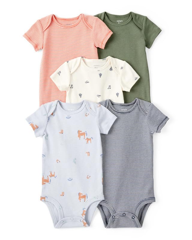 Carter’s Baby Boy Print Cotton Multipack Bodysuits (Set of 5) | 100% Cotton Infant Half Sleeve | Soft Baby Bodysuit for Everyday Wear