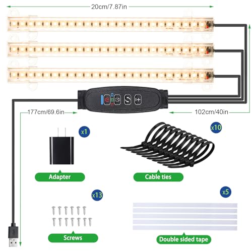 Image of RWNTAO 3 Head 7.8 Inches LED Grow Light Strips, Grow Lamps for Indoor Plants Full Spectrum 3000K, 72 LEDs Plant Light Strips with 3 /9 /12H Timer, 10 Dimmable Levels for Seedling Succulent