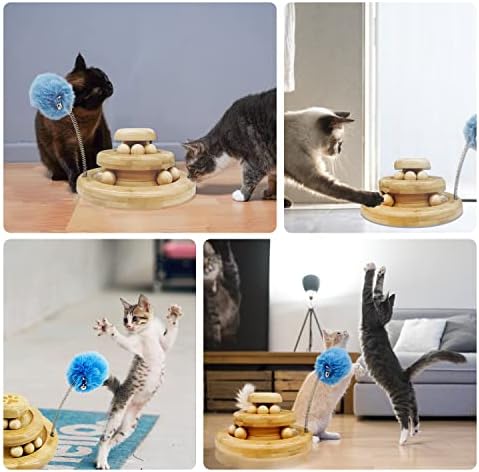 MaxAwe 2-in-1 Interactive Cat Roller Toy, 2x Levels 6x Balls Cat Towers Tracks Toy with 1x cat teaser toy, Wooden Fun Interactive Toy for Cats and kittens