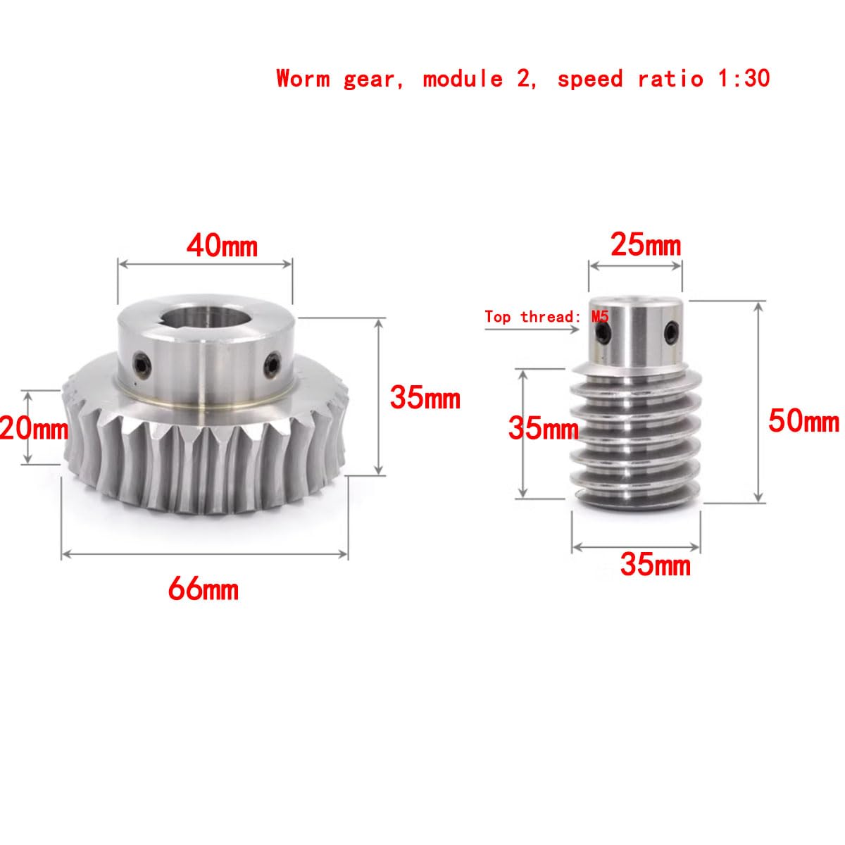 Worm Gear, Module 2, Speed Ratio 1:30. The Turbine has 30 Teeth. 3/4 "Inner Hole, Key Width: 6mm, Worm Inner Hole 1/2".