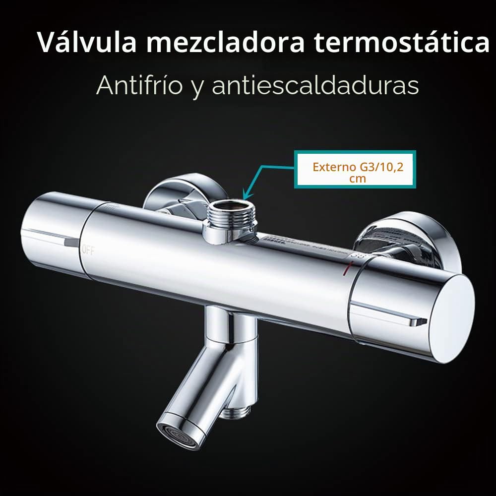 Grifos de Ducha Termostáticos 38 ℃ Ducha de baño negra Top Spray Termostato Inferior G 1/2 "Superior 3/4" BSP Aislamiento Grifo de Ducha de tres Salidas Latón Cromado