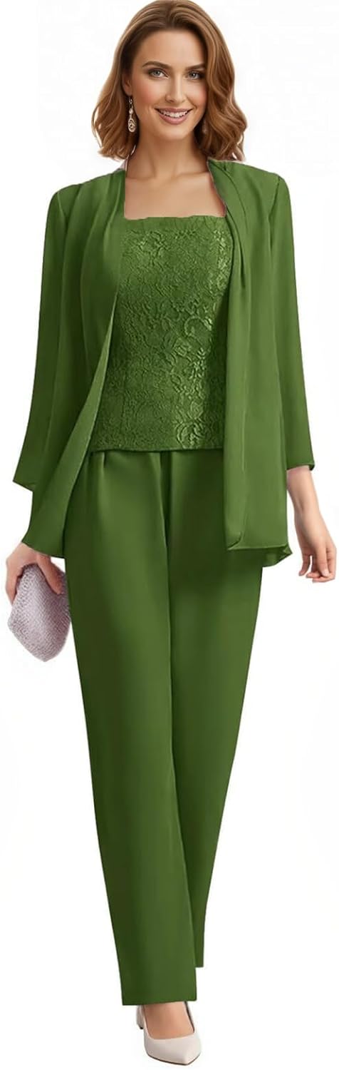3 Pieces Mother of The Bride Pant Suits for Women Chiffon Lace Formal Evening Outfit with Jacket WT028