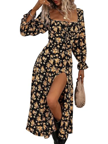 Narecte Long Sleeve Dress for Women Boho Floral Maxi Dress Elegant Casual Dresses for Beach Vacation