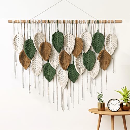KORSIV Large Macrame Wall Hanging Boho Woven Tapestry, Modern Bohemian Handmade Leaf Feather Wall Art Decorations for Apartment Dorm Living Room Bedroom Nursery Backdrop, Chic Home Decor