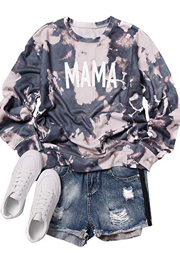 Women Mama Life Long Sleeve Pullover Sweatshirt Cute Tie Dye Graphic Casual Letter Print Crew Neck Mama Bear Tops Blouse (L, Multi)