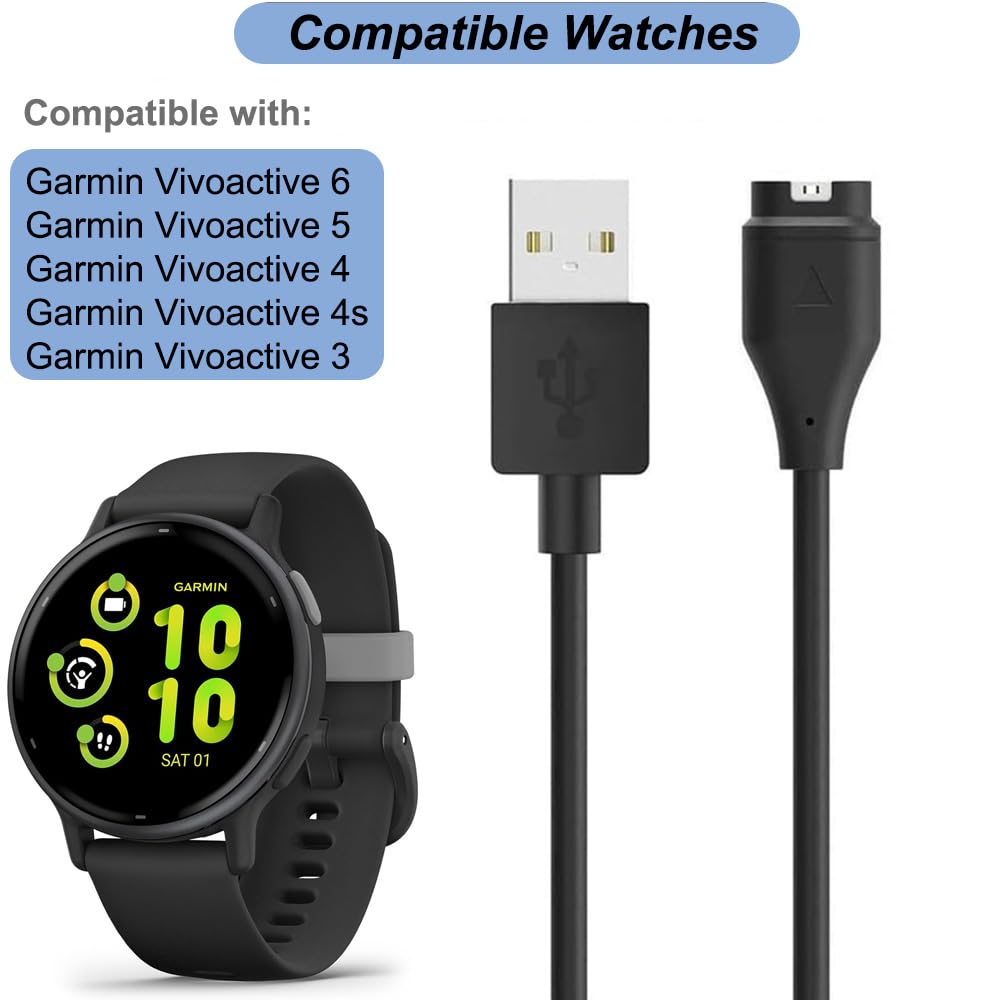 Charger for Garmin Vivoactive 6/5/4/4s/3, Replacement USB Charging Cable with Black Dust Plug for Garmin Watch (2Pack)