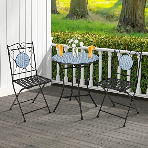 Tangkula 3 Pieces Patio Bistro Set, Outdoor Garden Furniture Set with Mosaic Round Table and 2 Folding Chairs, Outdoor Bistro Set for Porch