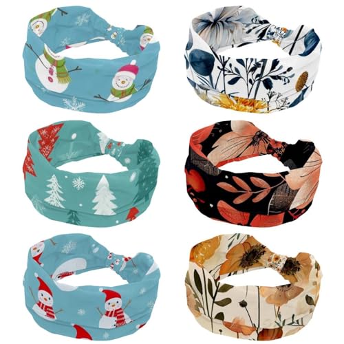 RODAILYCAY 6 Stück Schöne Blume mit Blättern Turban Stirnbänder für Frauen Weiche Breite Haarbänder Verdrehter Knoten Kreuz Stirnband Dehnbare Headwraps Mode Haarschmuck