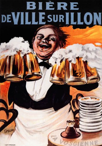 Beer Biere DE Ville SUR ILLON Waiter with Big Mugs French Large Vintage Poster ON Canvas REPRO