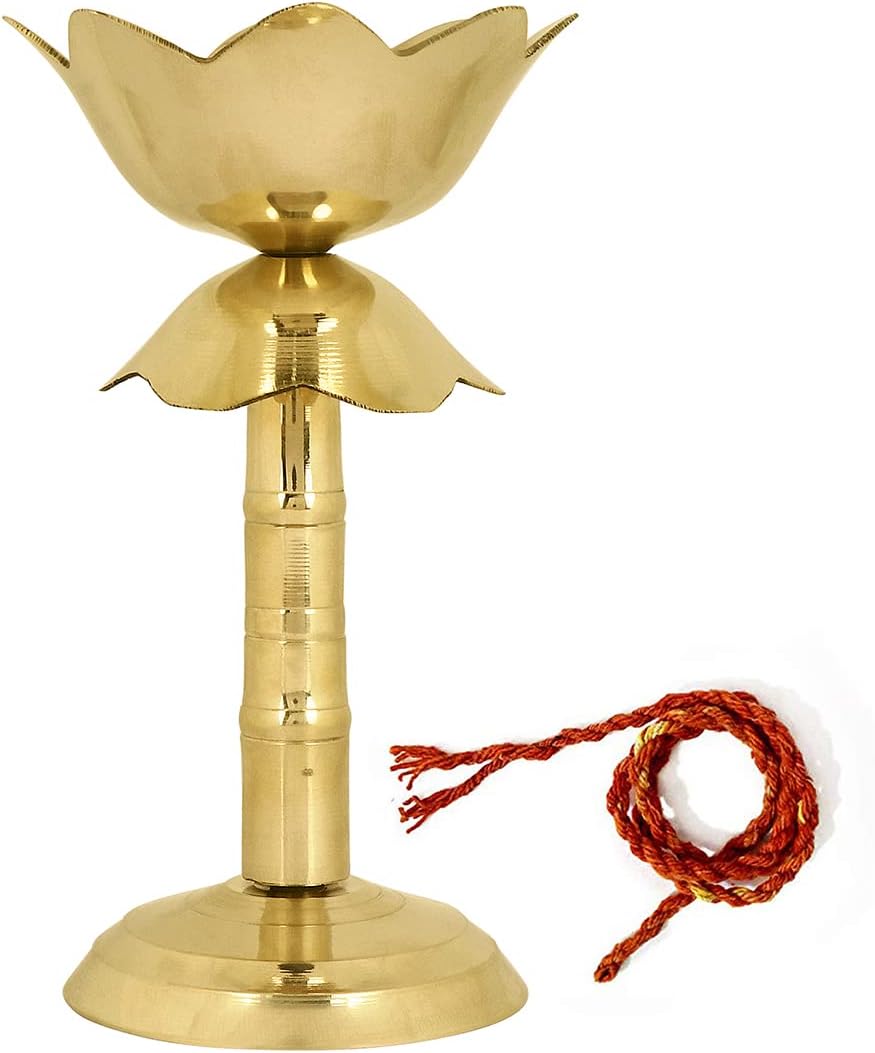 SATVIK 1 Pc Brass Flower Akhand Diya Kamal Shape Metal Stand Diya Traditional Indian Festive Diwali Puja Pooja Mandir Home Temple Oil Lamp Dia with Red Jyot Wicks Indian Housewarming Return Gift Items