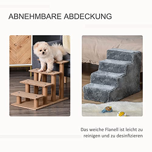 PawHut Hundetreppe 4 Stufen 44 cm Hoch Haustiertreppe für Kleine Hunde Katzentreppe Hunderampe mit Waschbar Bezug Einstiegshilfe für Bett, Sofa, Couch Hellgrau