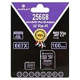 Amplim 256GB Micro SD Card Plus Adapter Pack Pro 256 GB MicroSD SDXC Card V30 U3 A1 C10 Extreme Speed 100MB/s UHS-I TF XC MicroSDXC Memory Card for Cell Phone, Nintendo, Galaxy, Fire, Gopro, DJI