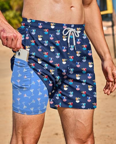 Image of Men's 5'' Swim Trunks with Compression Liner Graphic Beach Dry Fit Lightweight Bathing Shorts (S-XXL)