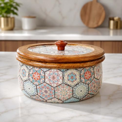 Image of The Earth Store Premium Wooden Medina Casserole for Roti - 1600ML Handcrafted Mango Wood with Resin Art Roti Casserole | Elegant Wooden Roti Box | Chapati Box for Dining & Gifting