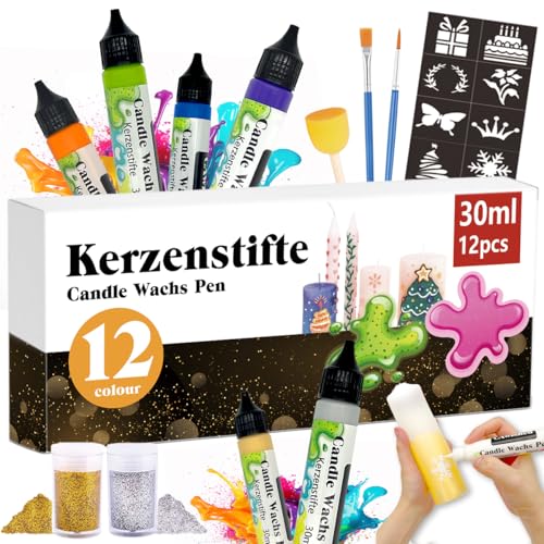 CAwished 30ml Kerzenstifte Wachsstifte mit Feiner Glitzer Gold Silber Kerzen Bemalen Set Candle Wachs Pen für Ideal zum Kerzen Dekorieren & Gestalten Kerzenfarbe (12-Farben)