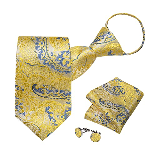 Image of DiBanGu Silk Zipper Ties for Men,Paisley Solid Plaid Pre-tied Tie and Pocket Square Cufflinks Set Formal Adjustable Necktie