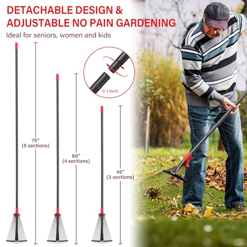 Lightweight Leaf Rake for Lawn, 8-17\" Expandable Head with Metal Tines for Leaves, Shrubs & Small Areas, 75-Inch Adjustable Long Handle with Comfort Grip Senior Friendly