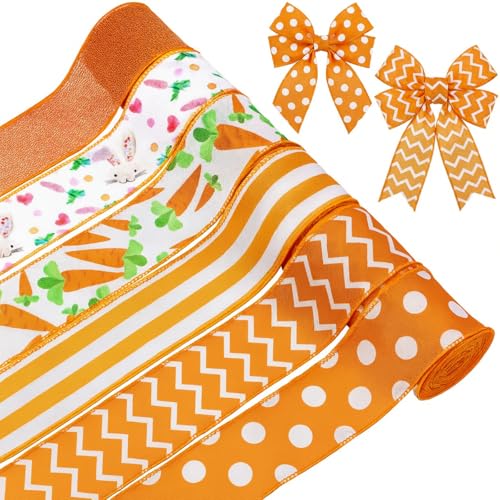 Tigeen 6 Rolls 30 Yards Easter Wired Edge Ribbons Orange Easter Carrot Bunny Rabbit Striped Dots Fabric Burlap Ribbons for Spring Holiday Decorations Gift Wrapping Wreath Bows DIY Crafts Making 2 Inch
