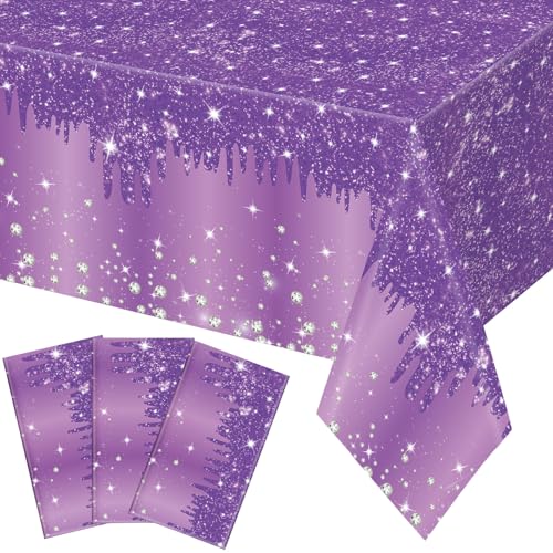 Image of Ganeen 3 Pcs Purple Tablecloths Glitter Sparkling Disposable Plastic Table Cover Sequin Printed Rectangle Tablecloths for Girl Women Birthday Wedding Party Decor Supplies, 54 x 108 Inch
