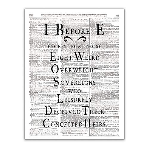 I Before E, Grammar and Spelling Classroom Decor, Dictionary Page Art Print, 8x10 inches, Unframed