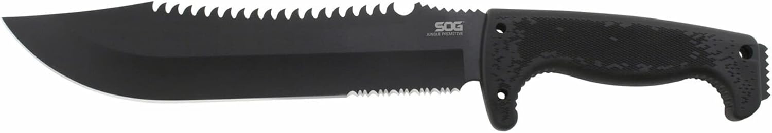 SOG Jungle Primitive Fixed Blade- Field and Camping Tactical Machete with Sheath for Clearing Brush, Full Tang Survival Knife 15.3 Inches (F03TN-CP), Steel,Black
