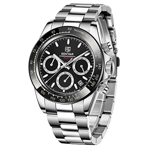 BENYAR Men's Business Watch Casual Fashion Watch Multifunctional Chronograph Waterproof Stainless Steel (Black)