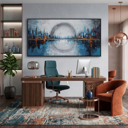Abstract Blue Canvas Wall Art New York City Skyline Wall Decor for Living Room Oversized Cityscape Decor Pictures for Bedroom or Office Walls Framed Modern Artwork for Walls 29×58IN by Pogusmavi - Used condition - Image 5