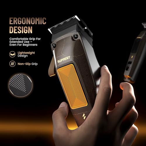 Image of SUPRENT Ripple Professional Hair Clippers for Men, Cordless Barber Kit with 7500RPM High-Speed Motor, Adjustable Zero-Gapped Blades, 10 Guard Combs & Storage Bag, Heavy-Duty Black Gold Design