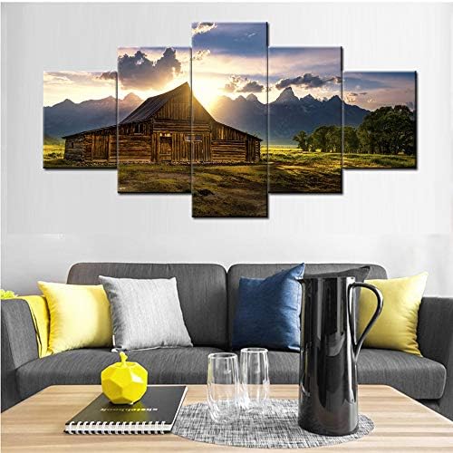 Grand Teton Pictures Barn Wyoming Paintings Big Canvas Landscape Art for Wall Artwork National Park Modern Artwork 5 Piece Home Decor for Living Room Gallery-wrapped Framed Ready to Hang(60''Wx32''H)