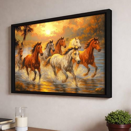 Image of 7 Running Horses Vastu Framed Wall Art Painting for living Room| Seven Horse Painting With Frame Symbol of Success & Positive Energy Wall Art for Living Room & Office, 10x12 Inch