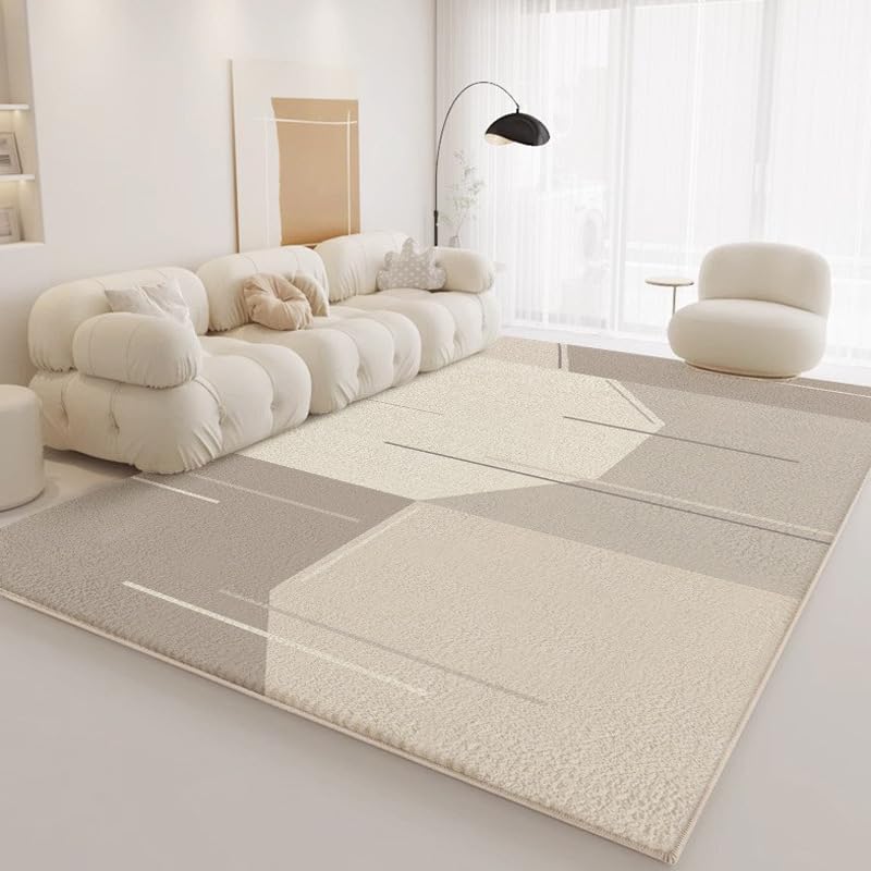 Tapis poils ras beige géométrique 200x300cm lavable grand salon
