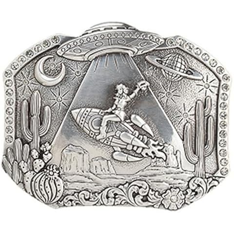 Blazin Roxx Women's Cosmic Cowgirl Belt Buckle, Space Desert Scene with UFO and Cowgirl Riding Rocket (Silver, 3" x 3-5/8") Cover