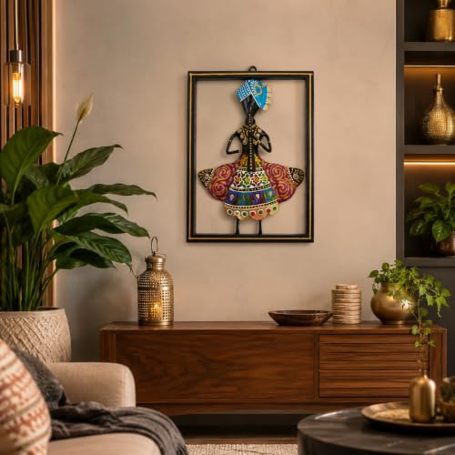 Image of iHandikart Folk Dancer Metal Wall Art for Home Decor, Iron Wall Sculpture with Hand-Painted Traditional Indian Folk Design, Decorative Wall Hanging for Living Room, Bedroom & Office (10.5 x 8 Inch)