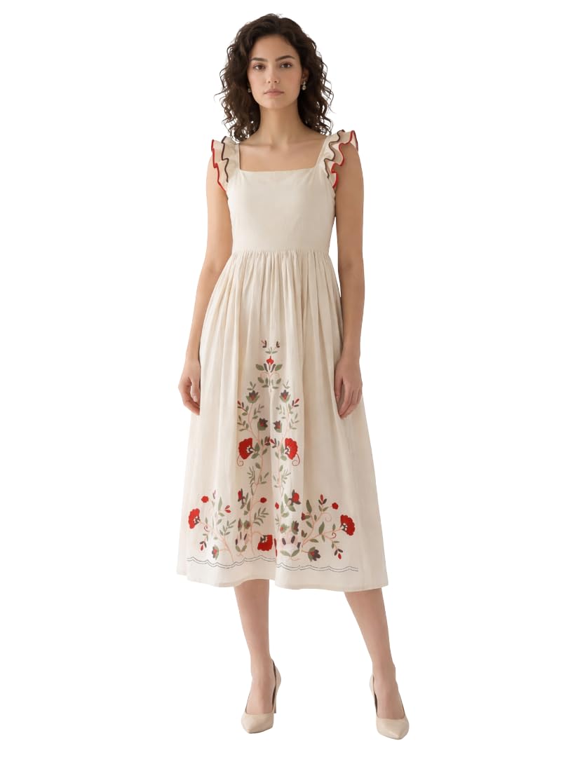 purvaja Women's Fit & Flare Midi Length Sleeveless Square Neck Embroidered Cotton Dress-picture-24