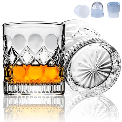 LeKuni Whisky Gläser 2er-Set mit Eisformen, 300ml Kristall Whiskey Gläser, Old Fashioned Rocks-Gläser Die Rum, Cognac, Vodka, Scotch, das richtige Geschenk für Männer, Vatertagsgeschenk