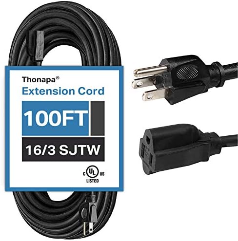 Thonapa 100 Ft Long Outdoor Extension Cord - 16/3 SJTW Black Weatherproof Water Resistant Electrical Cable with 3 Prong Grounded Plug for Indoor & Outdoor, Home Office and Christmas Light Decorations