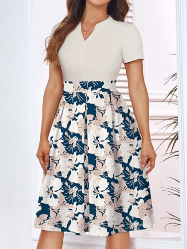 Image of YATHON Womens Elegant Print Notched Neck Slant Pocket Pleated Hem Casual A-Line Dress