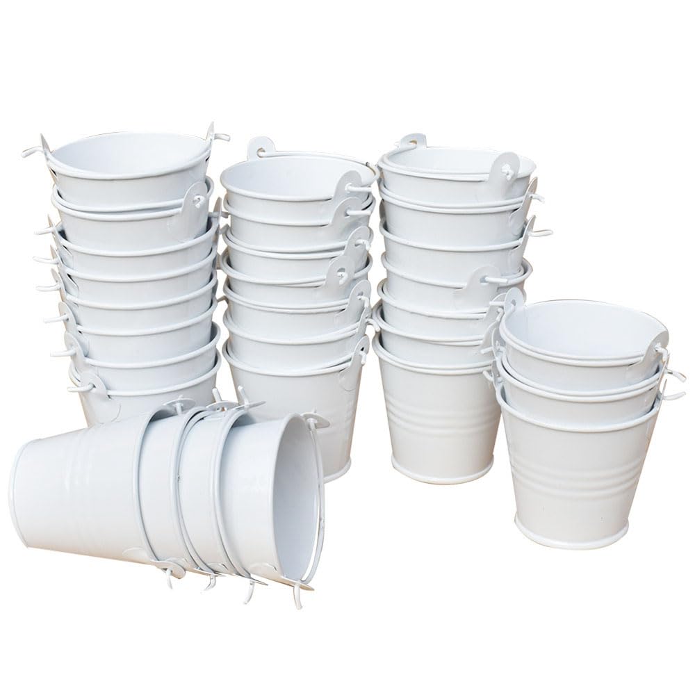 Bodosac White 30Pcs Mini Metal Bucket Tin Candy Box Buckets Souvenirs Gift Pails Perfect For Party Favors, Candy, Votive Candles, Trinkets, Small Plants (White)